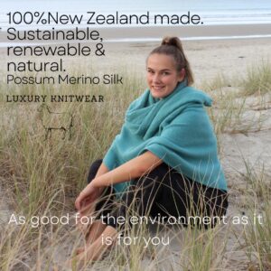 Lexi is wearing our soft, elegant Possum Merino Bella Poncho in Aqua
