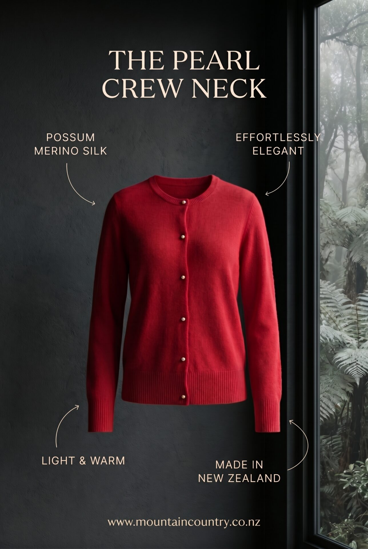 Pearl Crew Neck Possum Merino Cardigan in Red - Ghost image