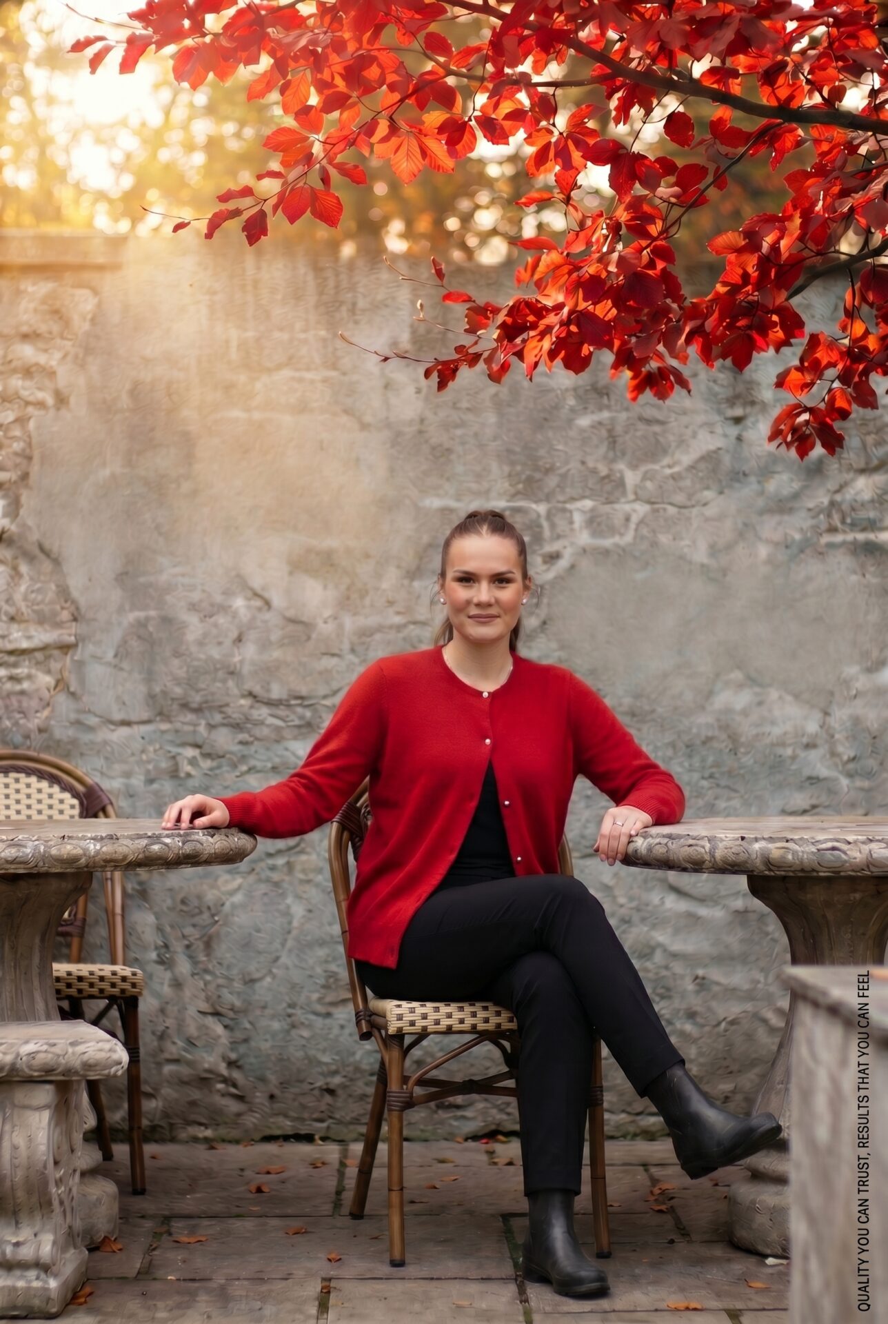 Possum Merino Pearl Crew Neck Caridgan in Red in Autumn