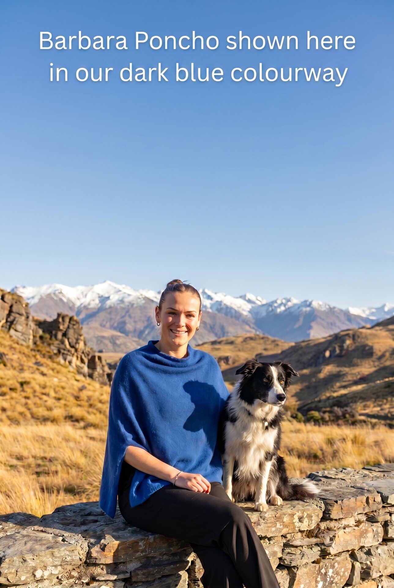 Dark Blue Barbara Poncho with sheep dog called Tip